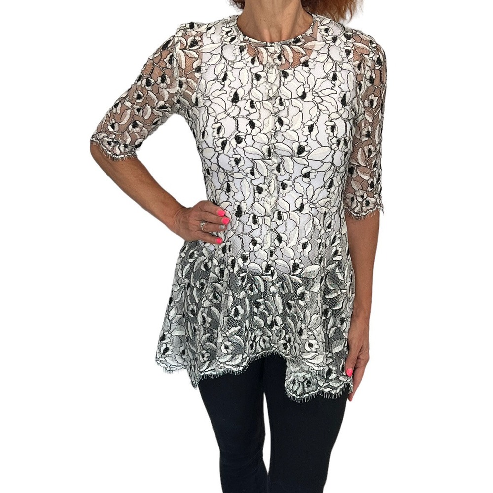$1195 LELA ROSE LACE FLARE HEM Asymmetric Black Ivory guipure lace Flare TOP 6 - Picture 7 of 14
